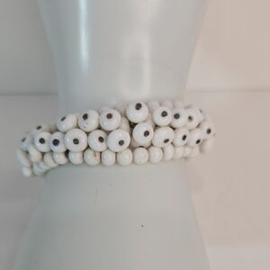 Vintage Retro MCM White Milkglass Wired Beaded Wrap Cuff Bracelet Cha Cha